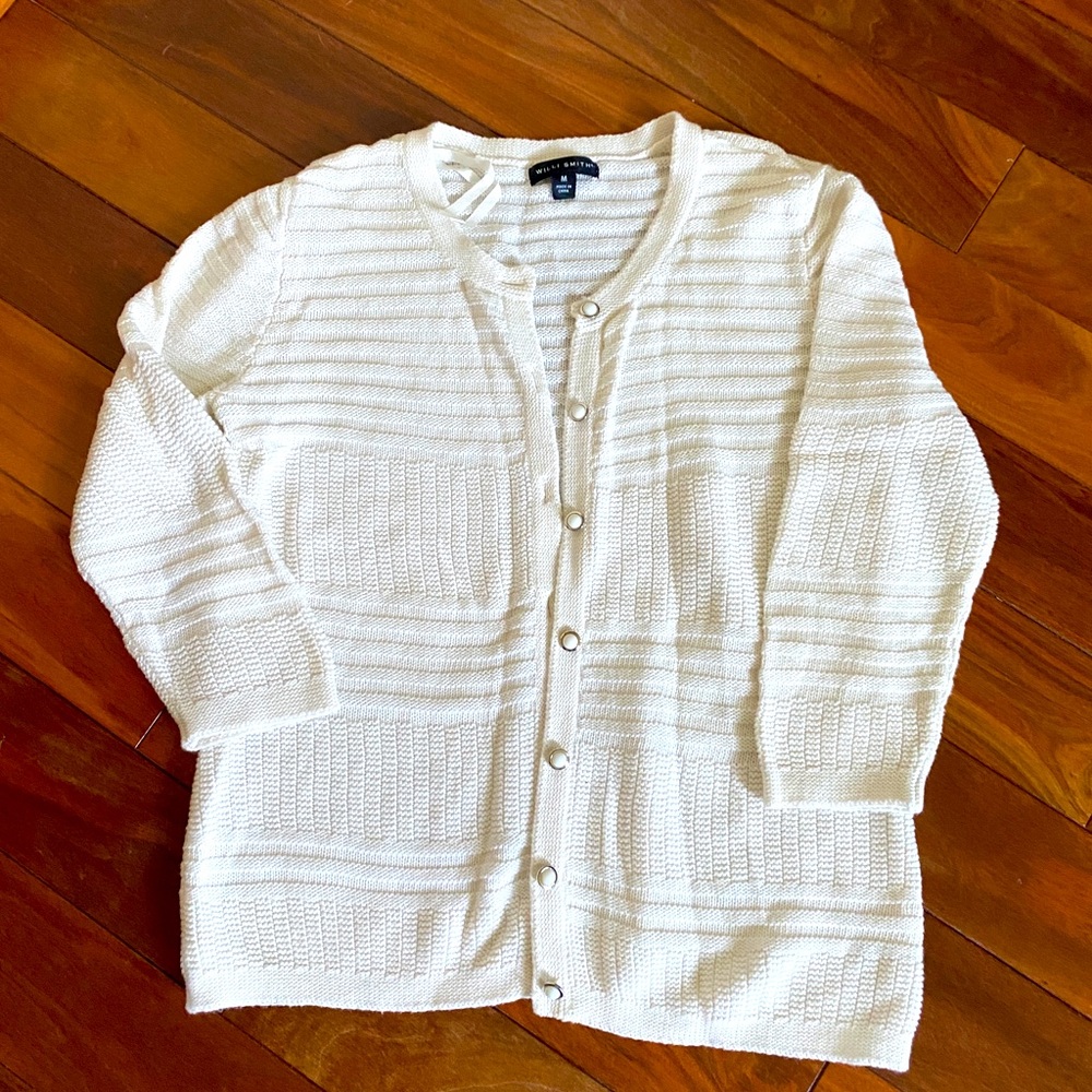 White three-quarter length cardigan with decorative buttons